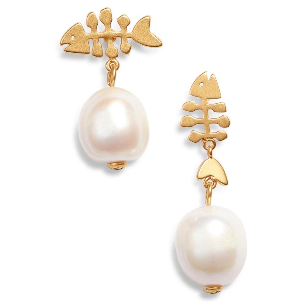 NEW Tory Burch Fish & Pearl Mismatched Drop Earrings
